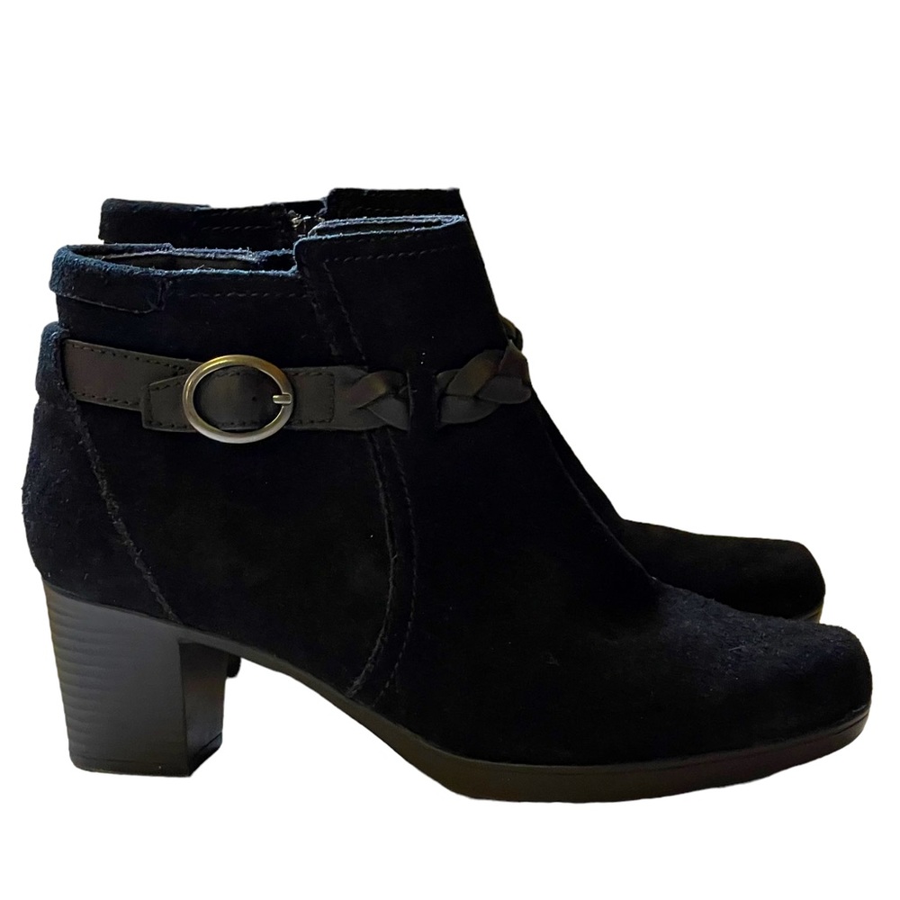 Clarks Black Suede Ankle Booties with Buckle Detail